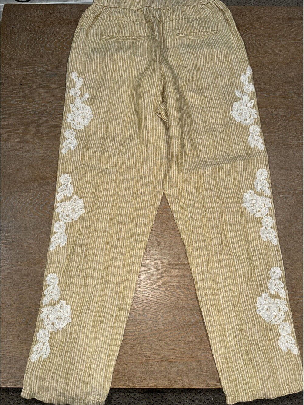 Anthropologie Linen Yellow Striped Pants 26.5" Embroidered SIZE XS Beach Summer - Picture 6 of 8
